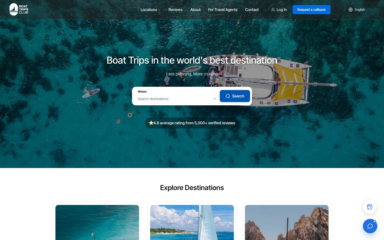 Boat Trips Club site: aerial-ocean hero with destination search.