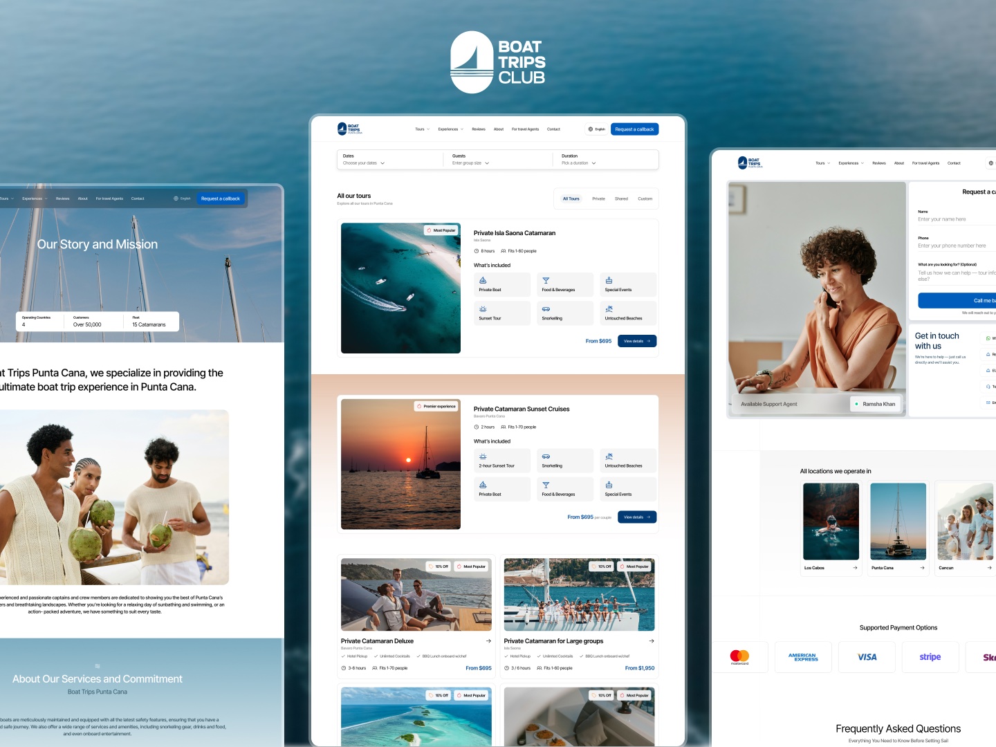 Three desktop pages side by side: the story and mission page, the all-tours catalog with included amenities, and the contact page with a live support agent.