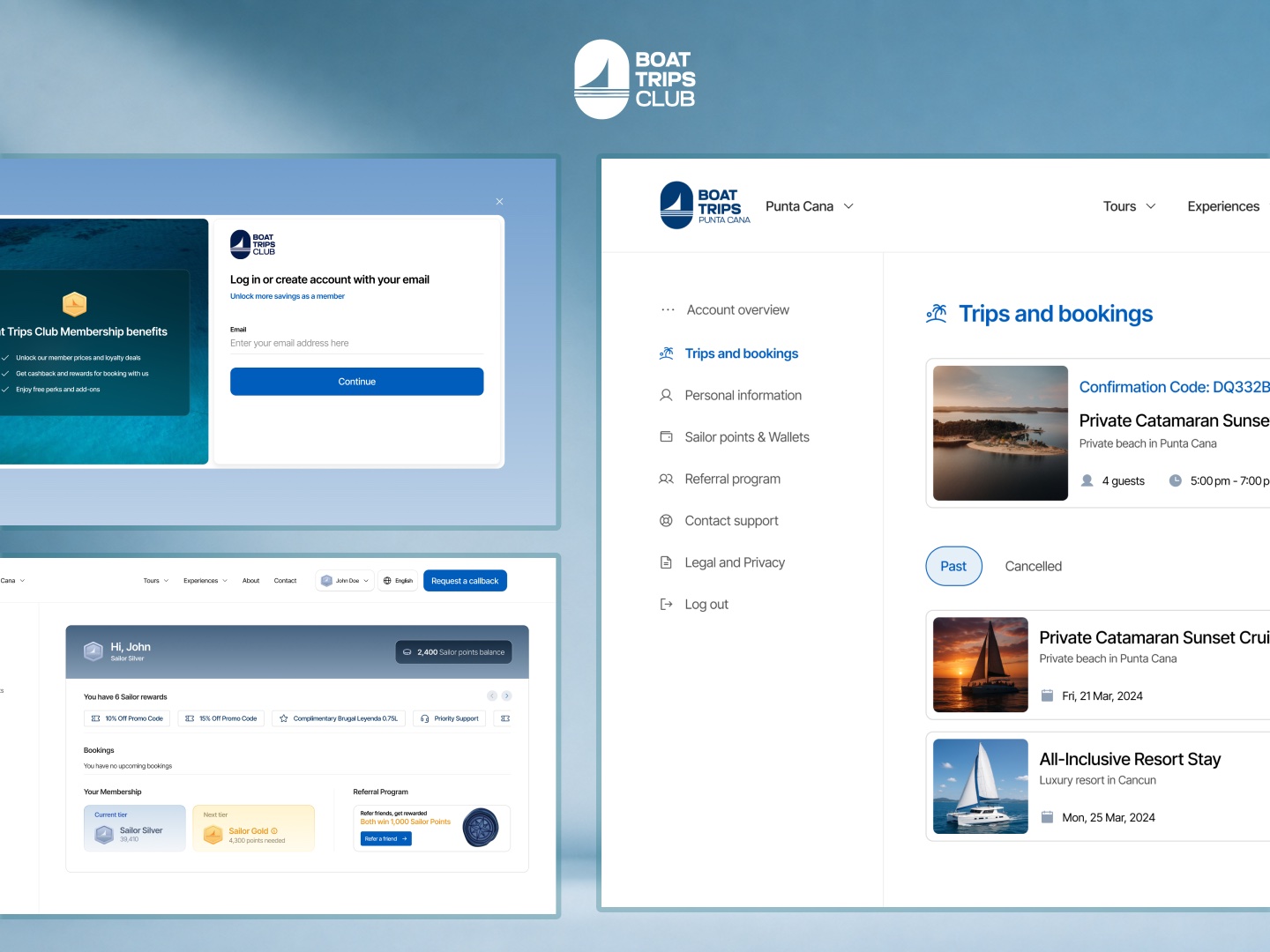 Account screens: email login with membership benefits, a rewards dashboard with Sailor tiers, and the trips-and-bookings view with confirmation codes.
