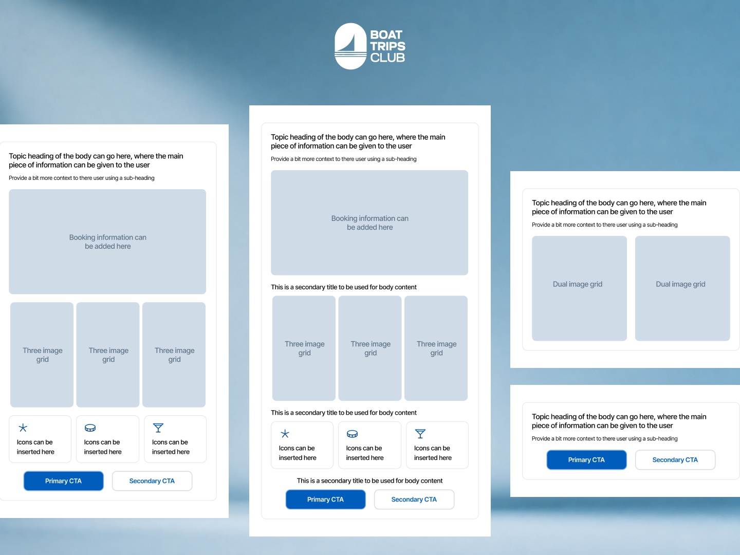 Branded email templates for the team: booking-information blocks, image grids, icon rows, and primary and secondary CTA slots.