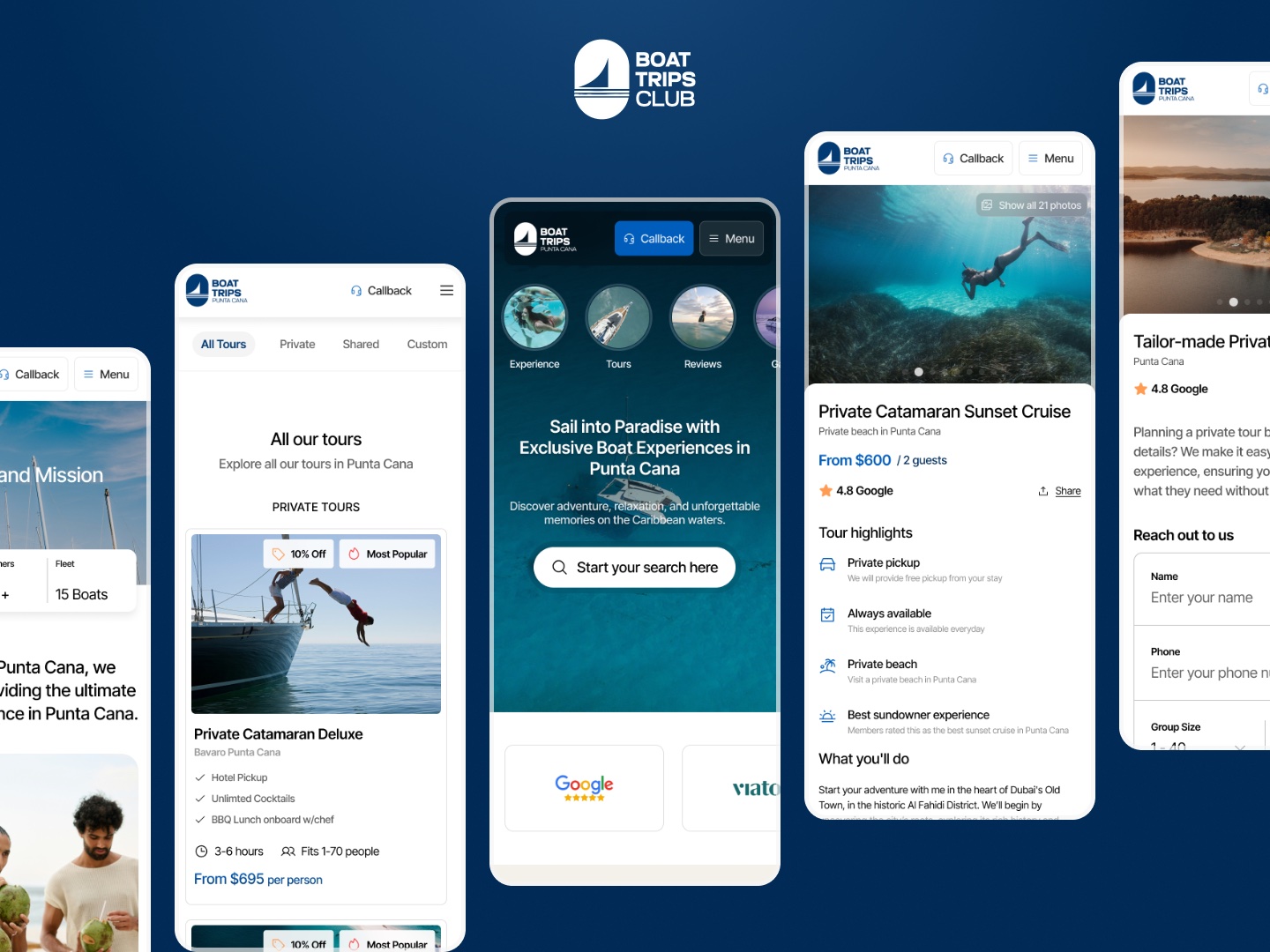 Five phone screens: home with story rings, the tour catalog, a tour detail page with highlights, and a tailor-made trip request form.