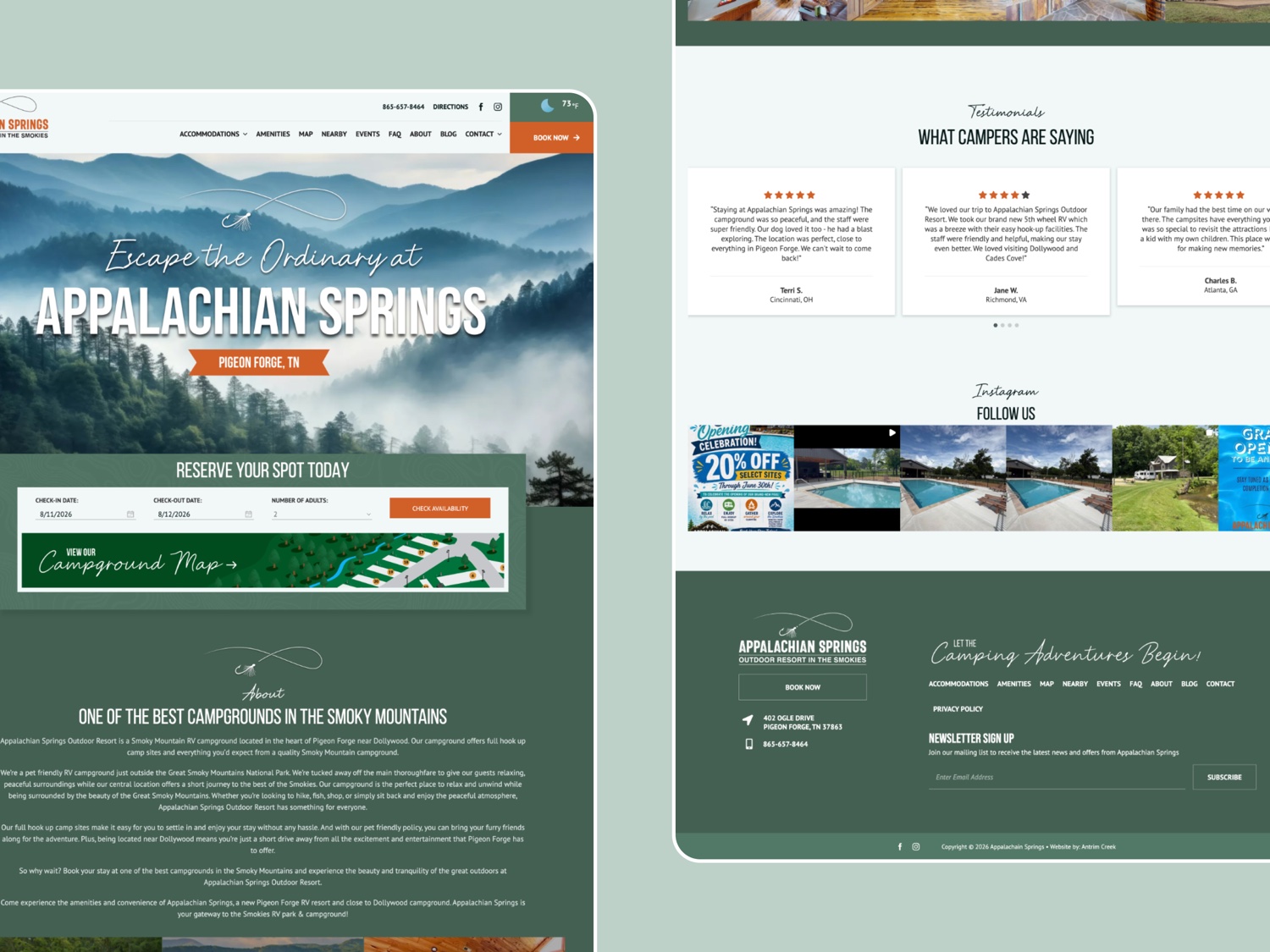 The Appalachian Springs site: a misty Smoky Mountains hero with a reserve-your-spot date picker, the about section, camper testimonials, and an Instagram strip.