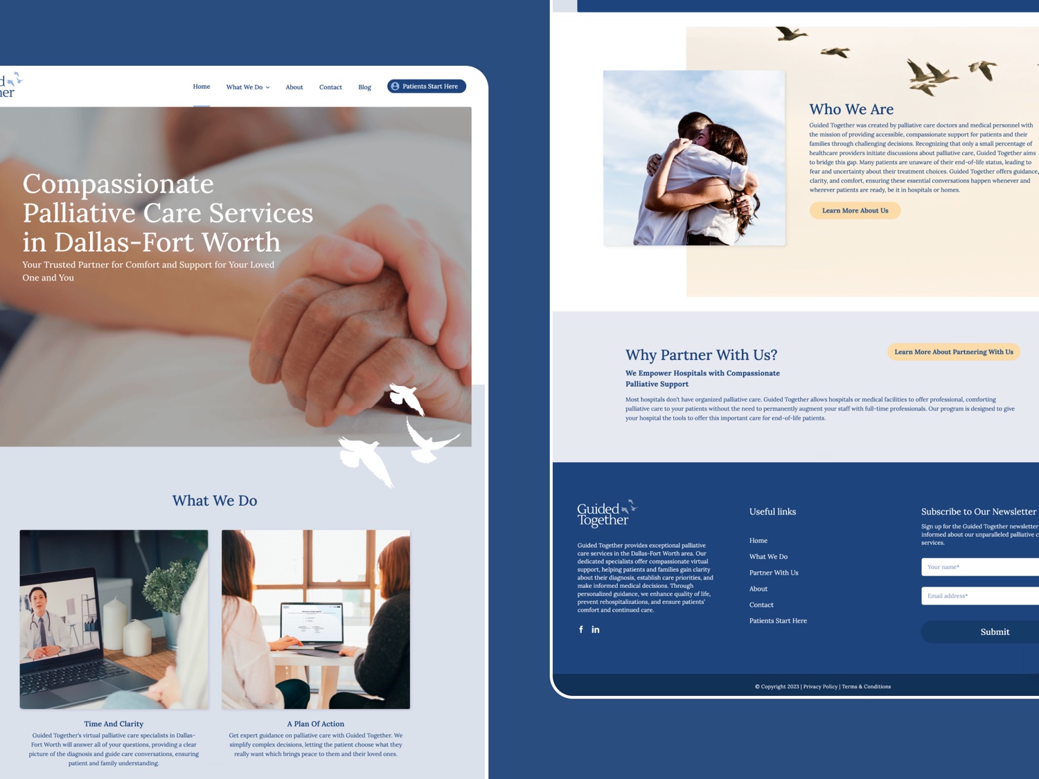The Guided Together site: a compassionate-care hero for Dallas-Fort Worth, the What We Do cards, the Who We Are section, and a hospital partnership block.