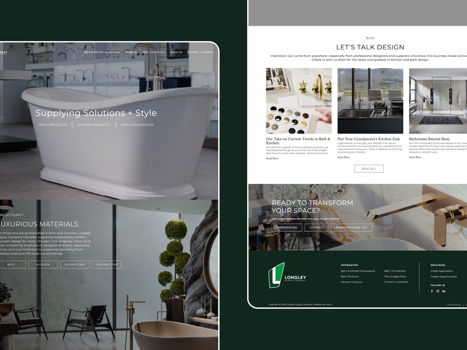 The Longley Supply site: a Supplying Solutions and Style hero over a bath showroom, a luxurious-materials section, the design blog, and the footer.