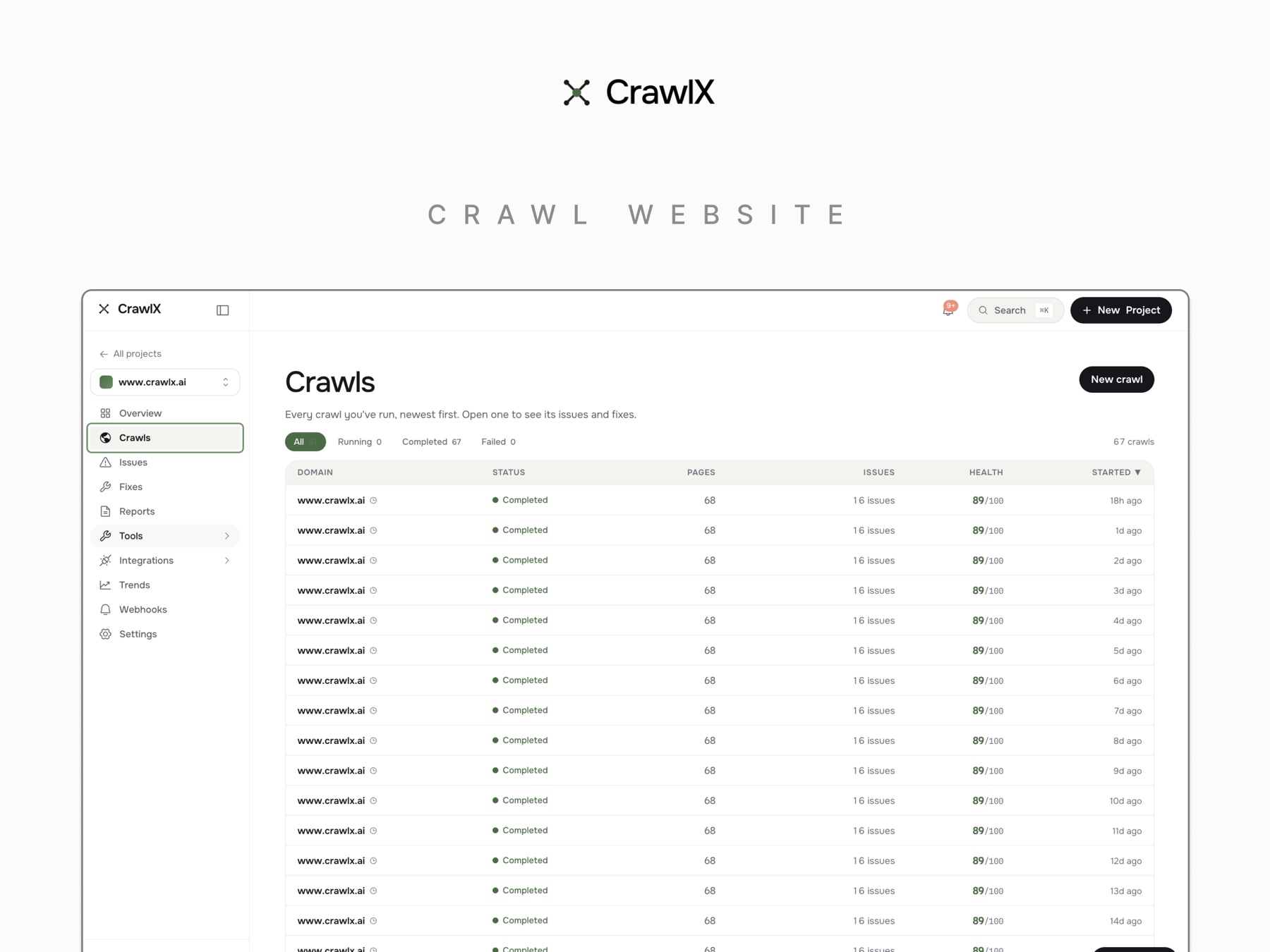 The Crawls screen listing every completed crawl with pages, issues found, and a health score per run.