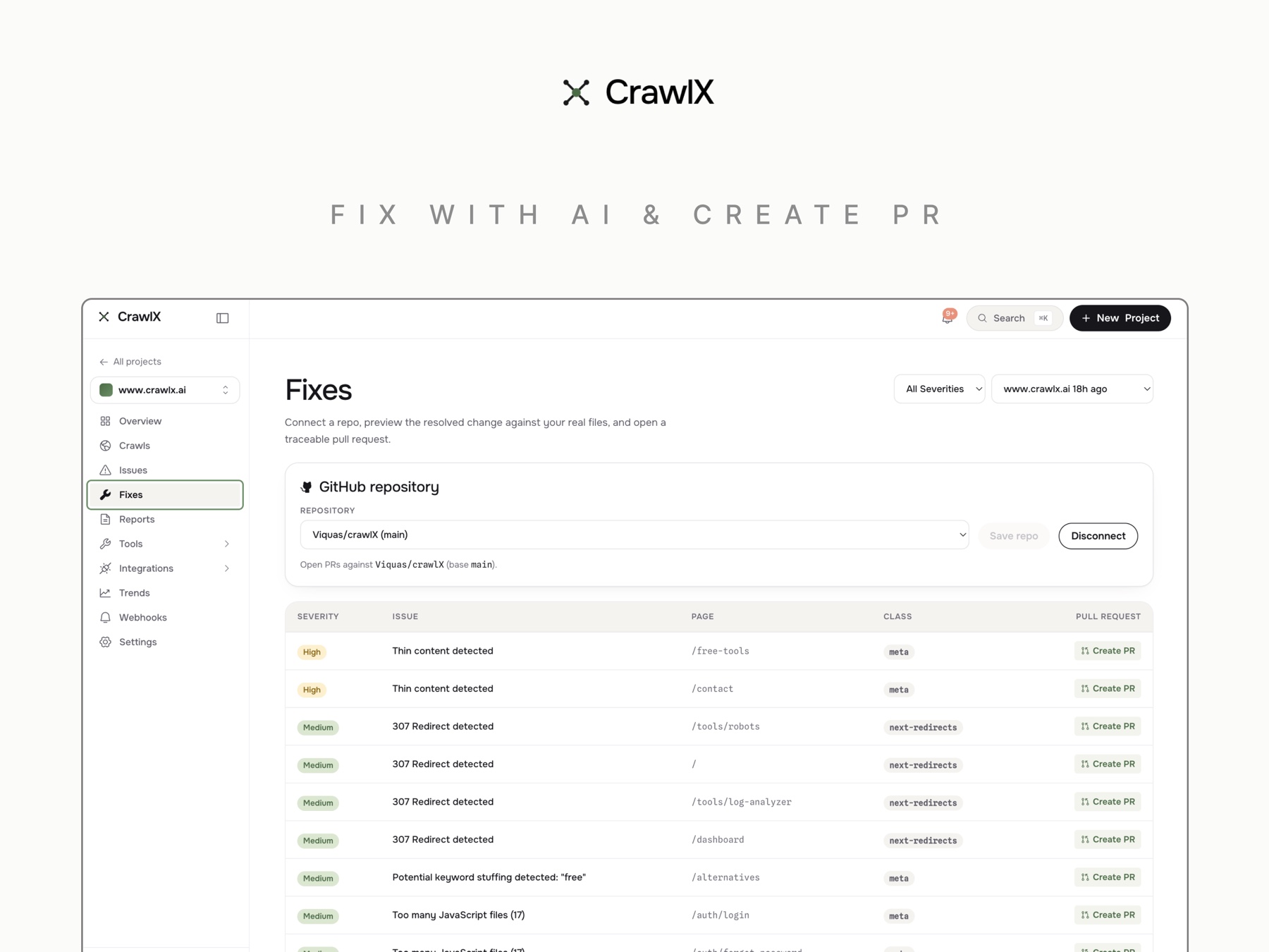 The Fixes screen connected to a GitHub repository, listing issues with a Create PR action against the real files.