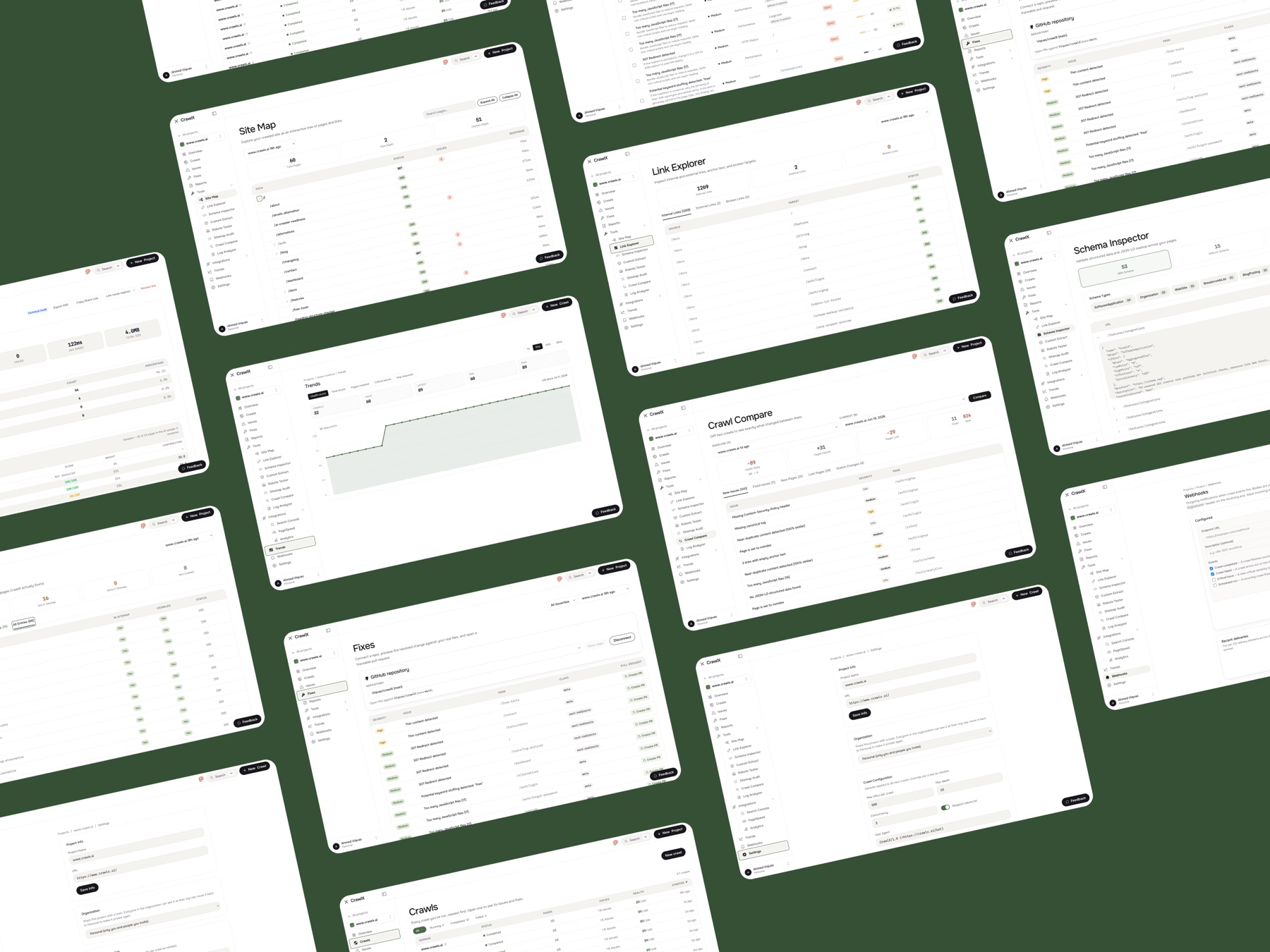 An isometric grid of CrawlX screens showing the full toolkit beyond the core loop.