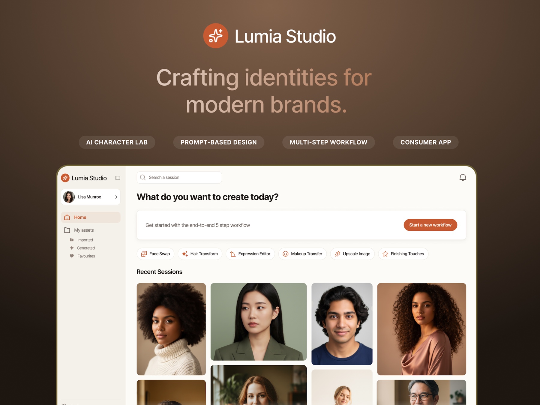 Lumia Studio brand slide: the wordmark over the line 'crafting identities for modern brands', above the app home screen.