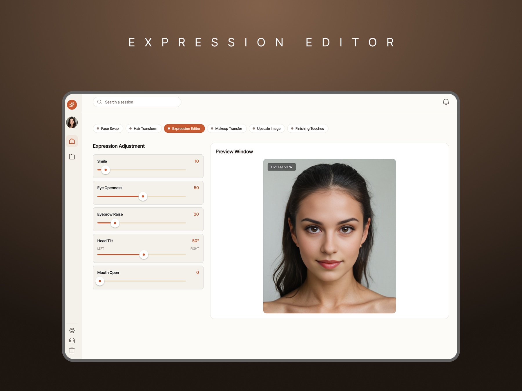 The expression editor: sliders for smile, eye openness, eyebrow raise, head tilt, and mouth open, beside a live preview of the character.