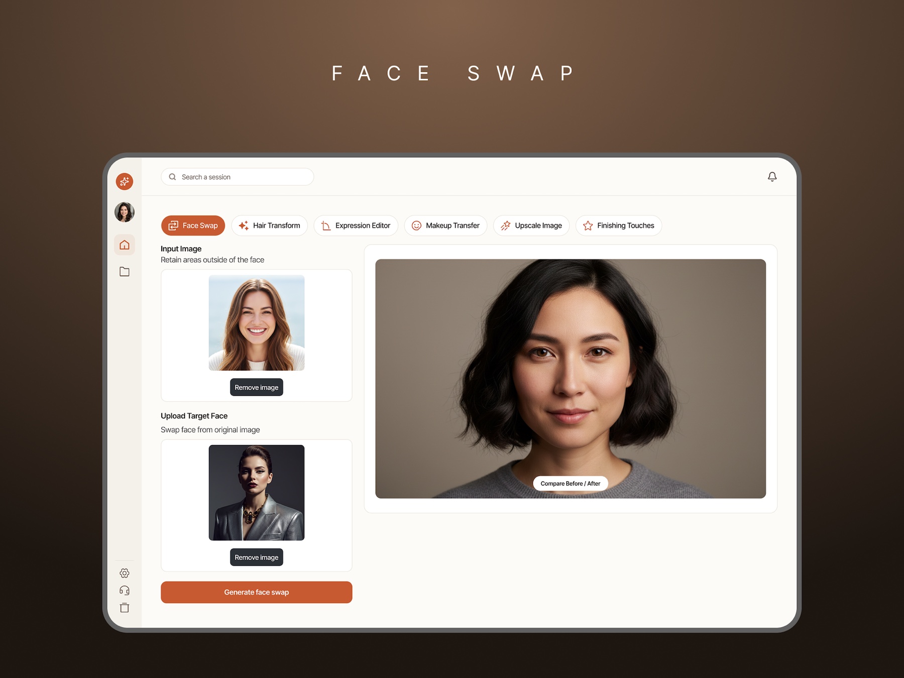 The face-swap step: input image and target face on the left, the generated result on the right with a compare before and after control.