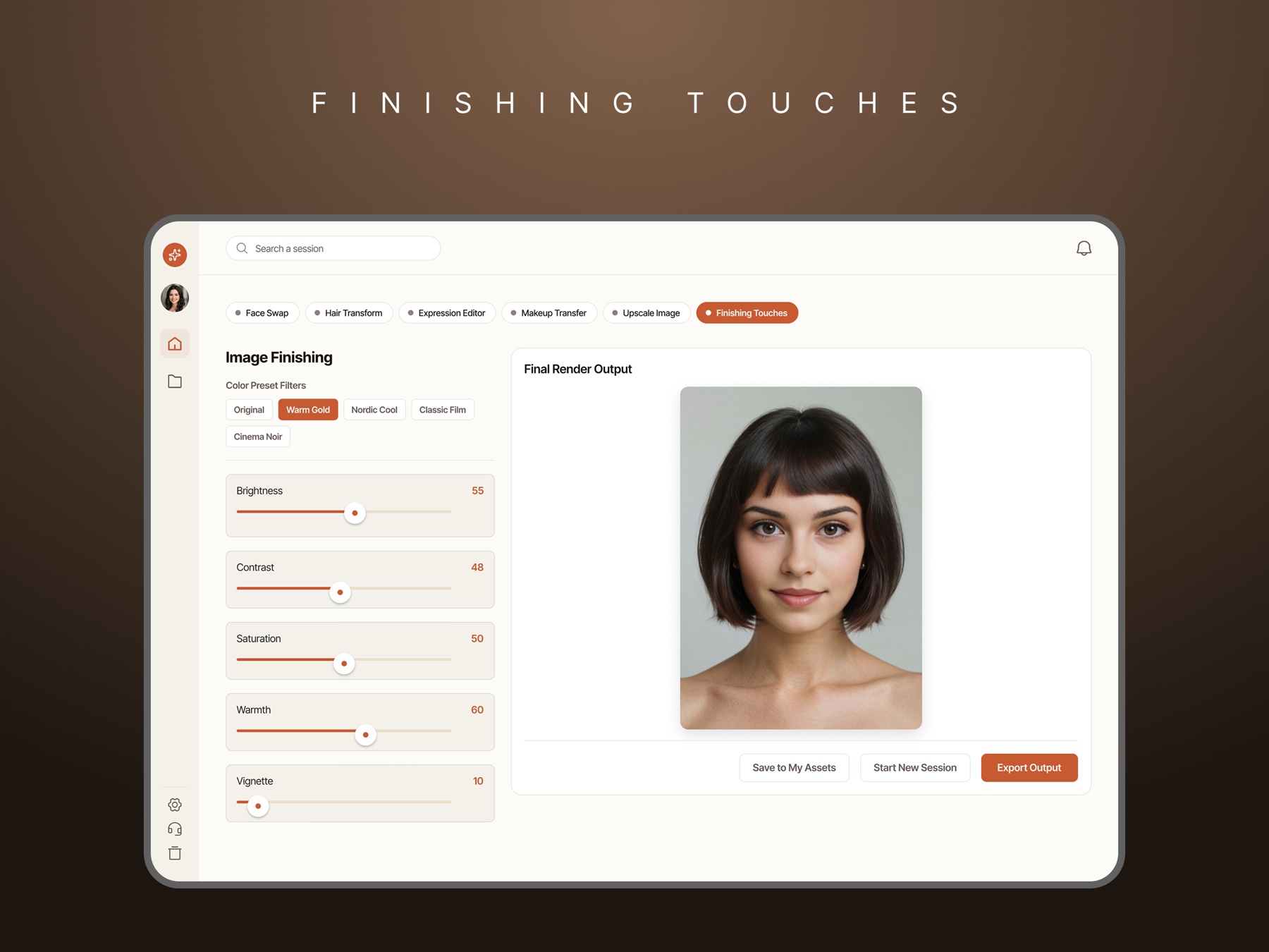 The finishing step: colour preset filters and sliders for brightness, contrast, saturation, warmth, and vignette, with save, new session, and export actions.