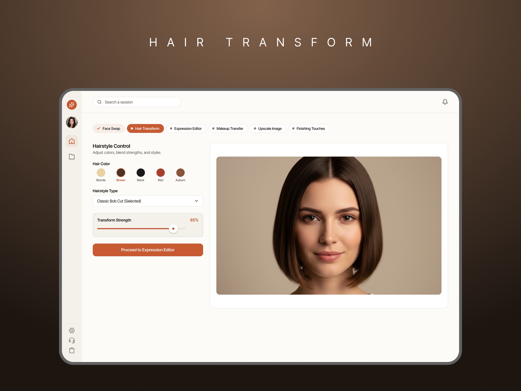 The hair-transform step: colour swatches, a hairstyle dropdown, and a transform-strength slider at 85 percent beside the live result.