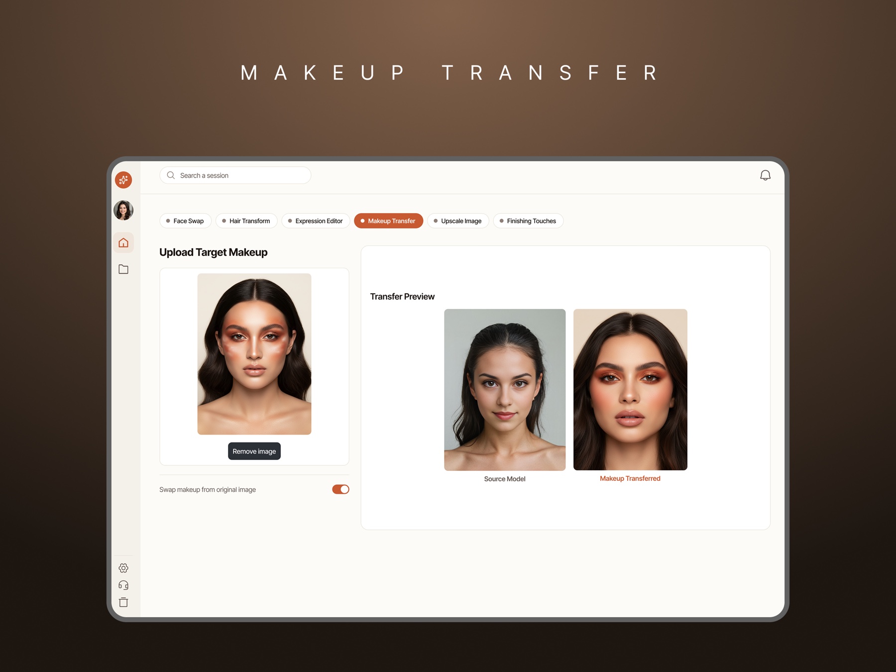 The makeup-transfer step: an uploaded reference look on the left, and a source-versus-transferred comparison on the right.