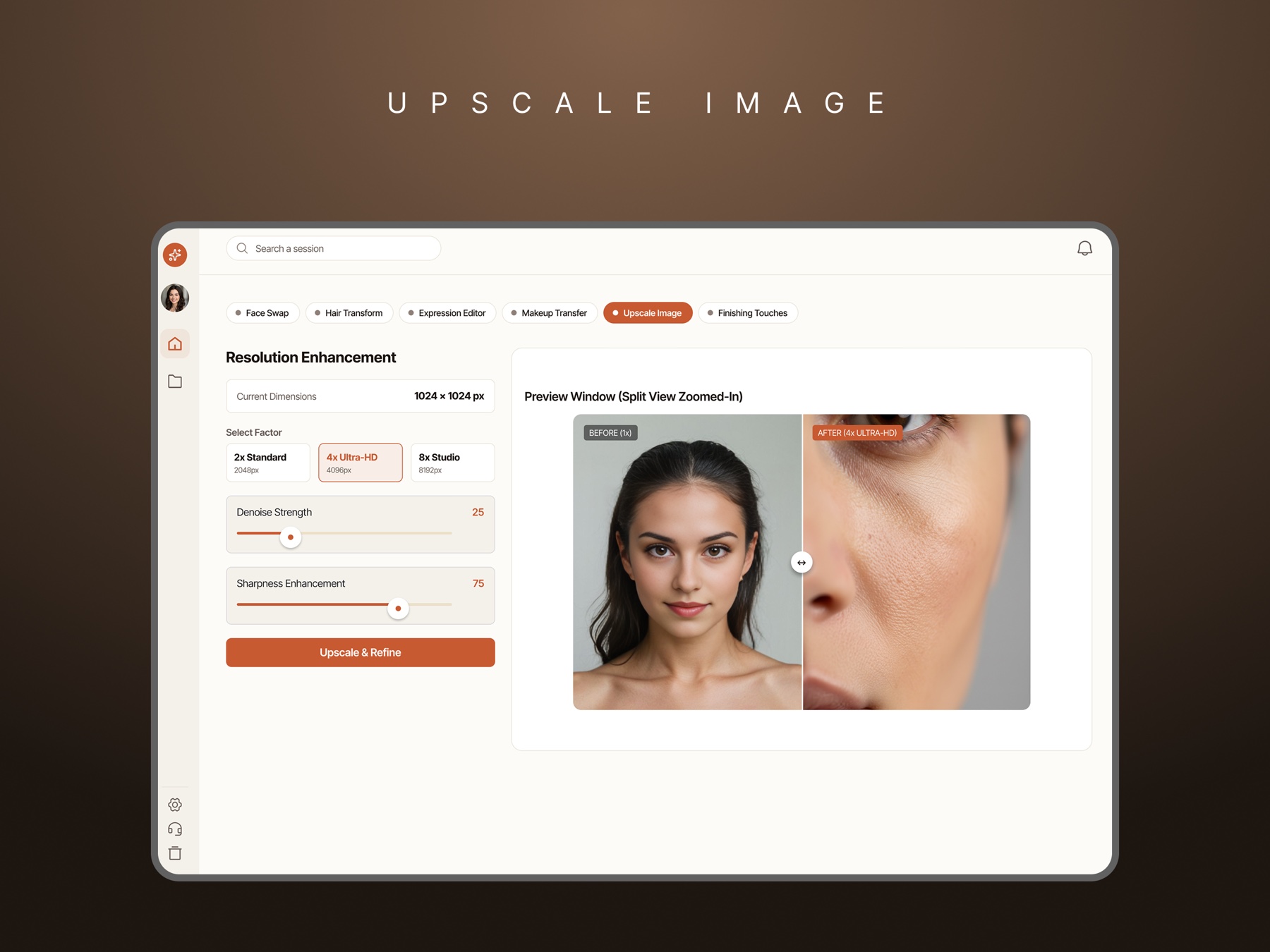 The upscale step: resolution factor options, denoise and sharpness sliders, and a split-view zoomed preview labelled before at 1x and after at 4x.