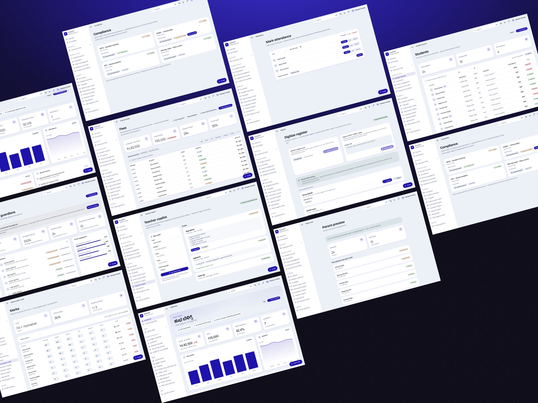 An isometric grid of ShaalaOS screens: compliance, attendance, student records, fees, digitize, teacher copilot, parent preview, marks, and the Kannada dashboard.