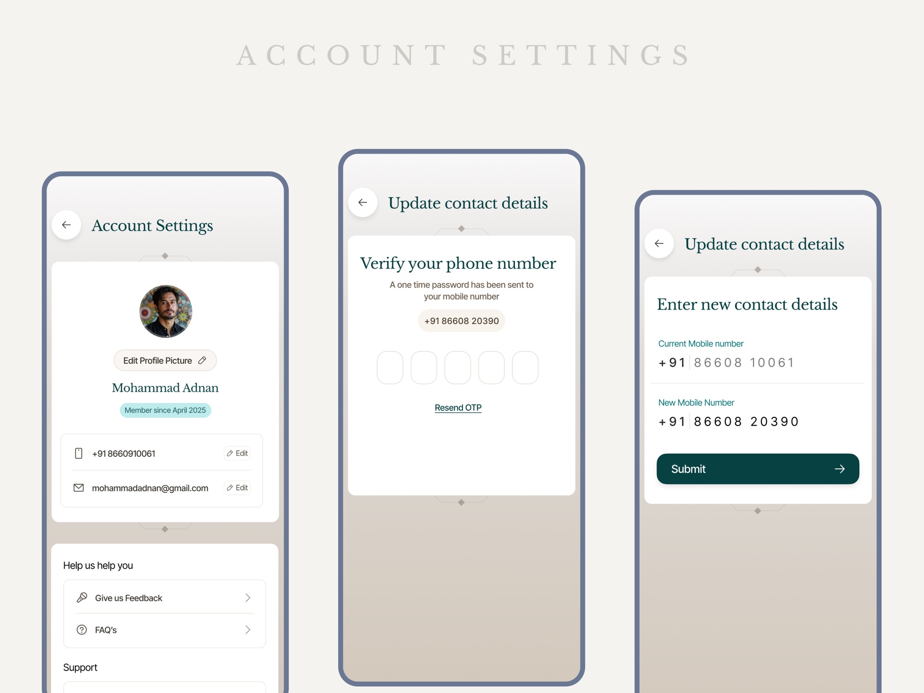 Account settings with profile and contact details, the phone-verification OTP screen, and the update-contact-details form.