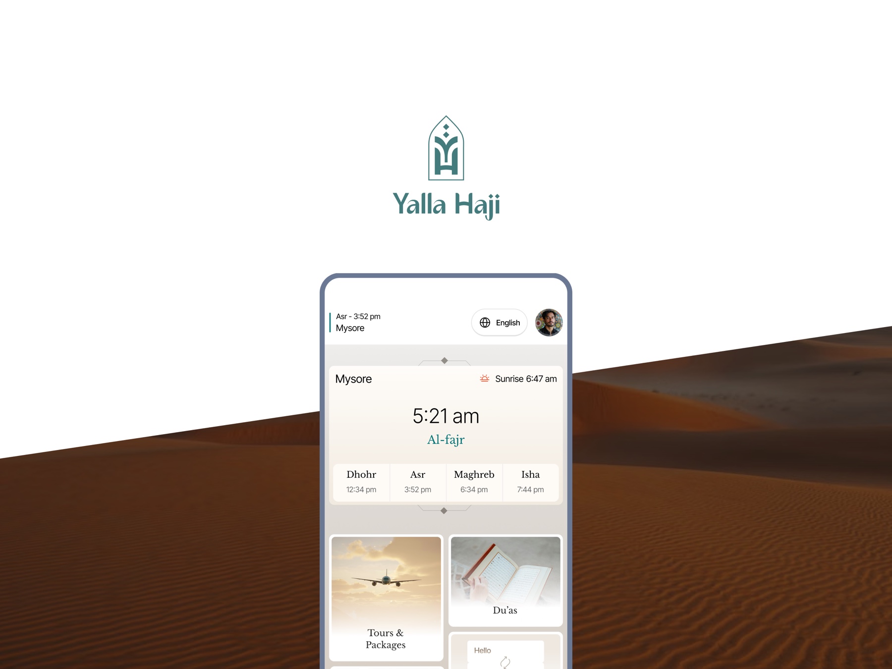 Yalla Haji brand slide: the wordmark above the pilgrim dashboard, set against a desert horizon.