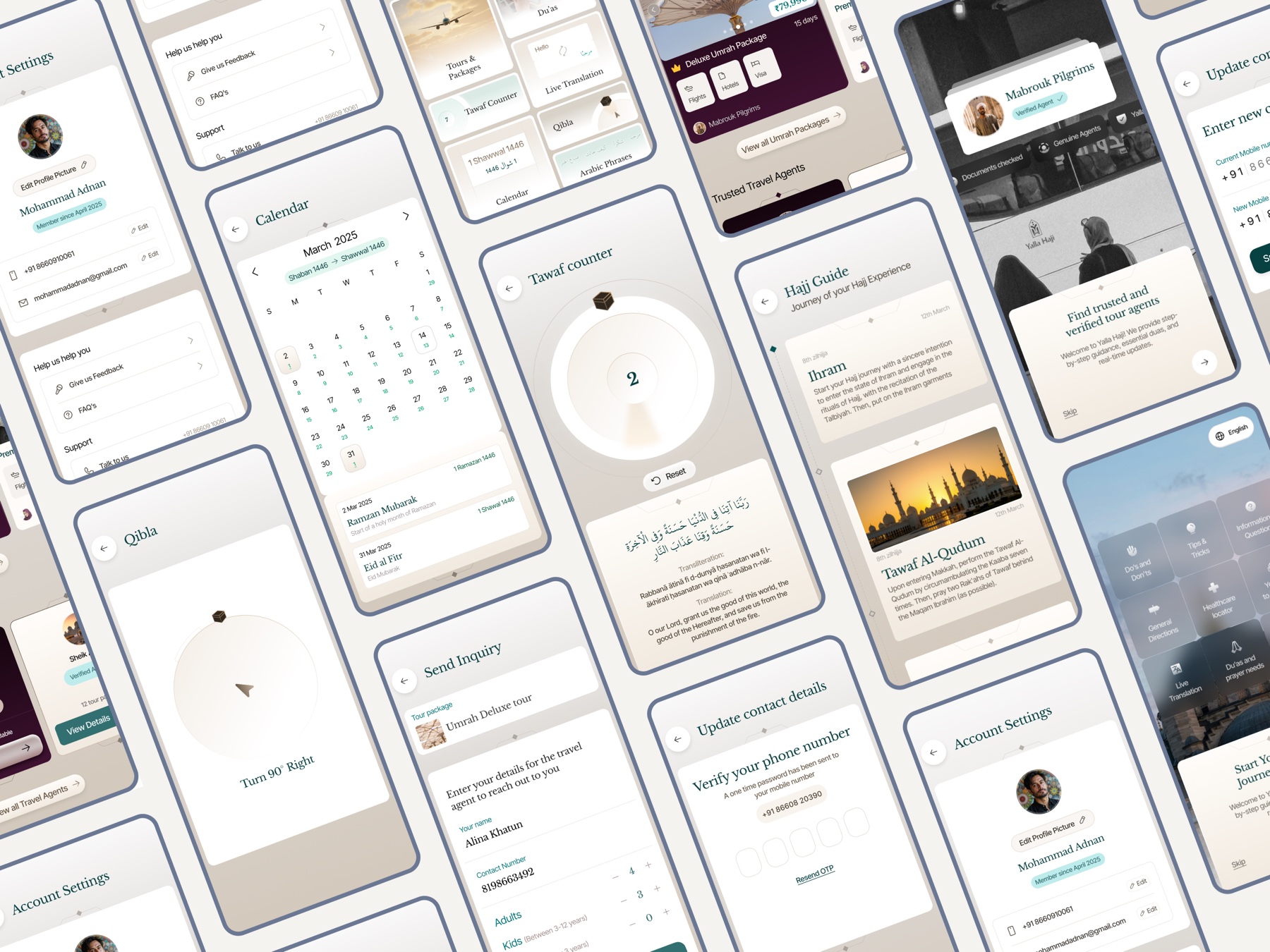 An isometric grid of Yalla Haji screens: onboarding, agent listings, Hajj guide, enquiry forms, calendar, Qibla, and account settings.