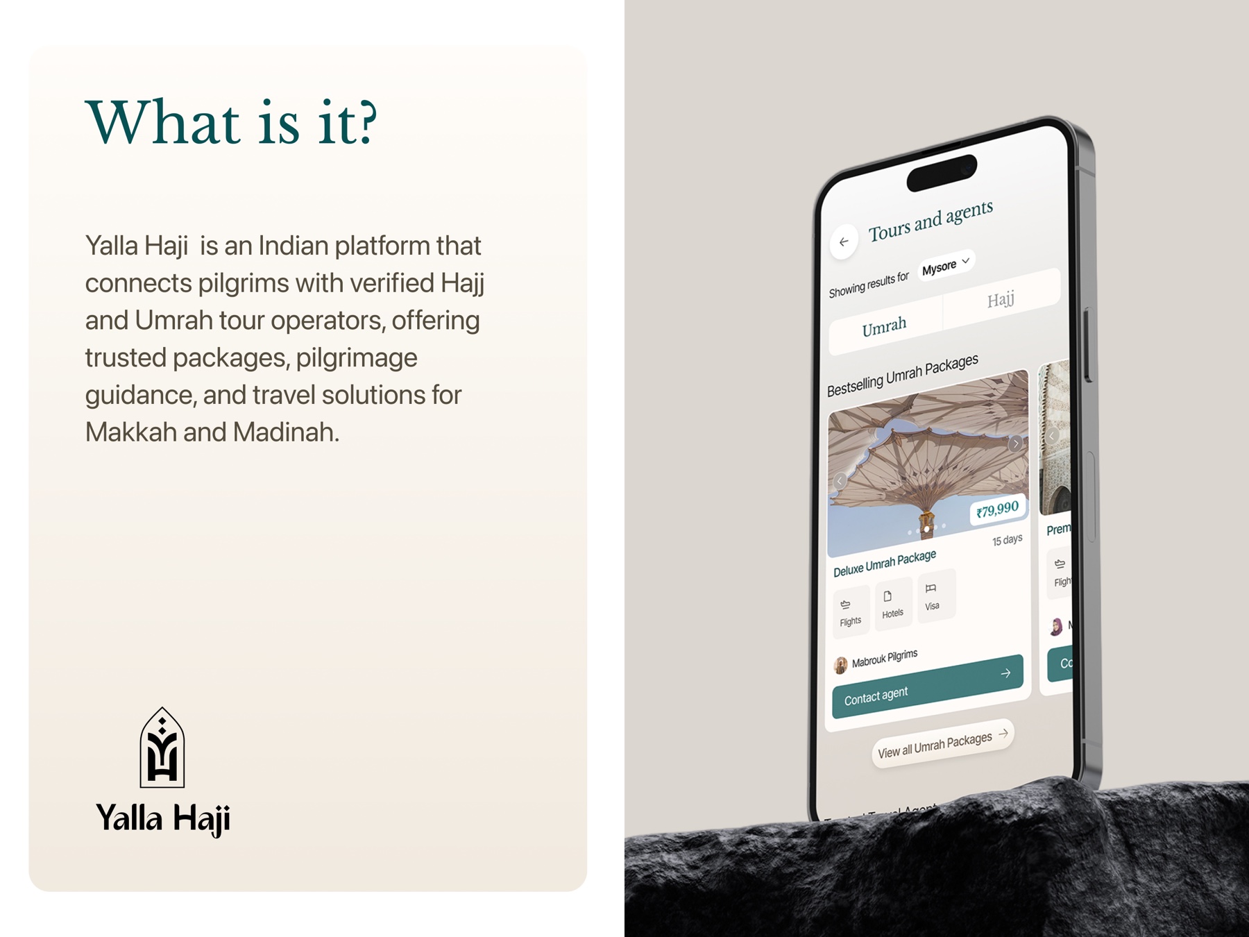 The tours-and-agents screen showing bestselling Umrah packages with price, duration, inclusions, and a contact-agent action against a verified operator.